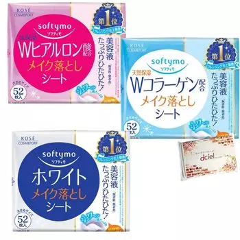 набор из 3 видов сменных листов для снятия макияжа Softymo, 52 шт., гиалуроновая салфетка W Dciel в комплекте [Пробная версия] (1 каждый)] (W кислота, коллаген,