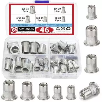 Набор из 46 гаек SAE UNC Nutserts Rivnut Assortment, набор из нержавеющей стали 304 с плоскими вставными гайками № 8-32 № 10-24 1/4 -20 3/8 46pcs Kit
