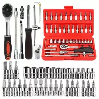 Набор из 46 головок для ремонта автомобиля, набор гаечных ключей с храповым механизмом, отвертка, профессиональный набор инструментов для металлообработки чёрный