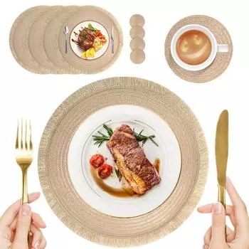 Набор из 4/8 ПЭТ плетеных круглых подставок под приборы с кисточками в стиле бохо, термостойкие нескользящие подставки под приборы для дома, свадьбы, кухни 4 Set золотой