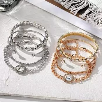 Набор из 4 блестящих цепочек с бриллиантовой инкрустацией и кристаллами, браслеты-цепочки с регулируемым открытием