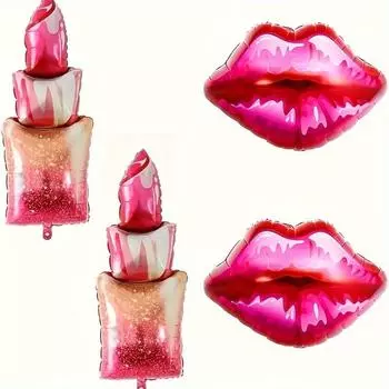 Набор из 4-х предметов: красная помада и воздушные шары из алюминиевой фольги для губ, идеально подходит для вечеринок по случаю дня рождения девочек, свадеб, Дня святого Валентина, тематических вечеринок по макияжу Kiss lips and lipstick combo balloons