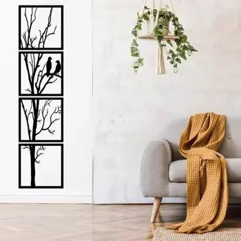 Набор из 4 металлических деревьев и птиц на стену – элегантный декор для гостиной и стильное украшение дома чёрный