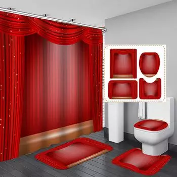 Набор из 4 пейзажных занавесок для душа с нескользящим ковриком и аксессуарами для туалета - водонепроницаемый декор для ванной комнаты с 12 крючками 4Pcs