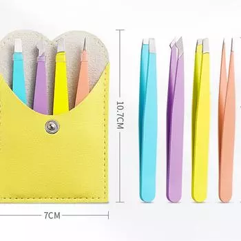 Набор из 4 пинцетов для бровей, зажимы для бровей, инструмент для подравнивания, пинцет для удаления волос и бороды с кожаным чехлом, инструмент для макияжа с наклоном