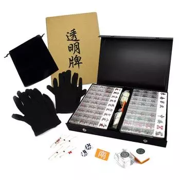 Набор из 4 плиток для маджонга JUST style Mahjong Tiles, черные перчатки, сумка для маджонга, тип 1. 3 из 4 плиток прозрачные [Прозрачный набор] (Повязка на глаза +