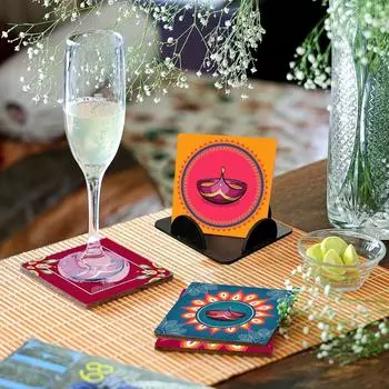 Набор из 4 подставок Красивые праздничные подставки для чая Дивали с подставкой Дизайнерское качество для чайных чашек, кофейных кружек и стаканов для фестивалей, для подарков