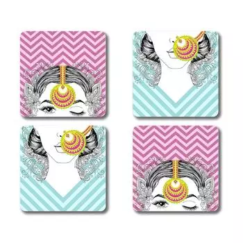 Набор из 4 подставок The Indian Nari диаметром 4 дюйма с уникальным дизайном ручной работы квадратной формы с футляром 10x10 см