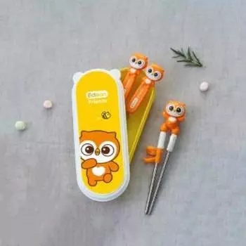 Набор из 4 предметов Edison Friends для правой руки, сова Олли, палочки для еды + ложка + вилка + футляр