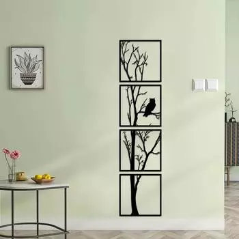 Набор из 4 предметов настенного искусства «Ветка совы» — черное металлическое украшение | Стильное настенное искусство для спальни, гостиной, кабинета и офиса светло-серый