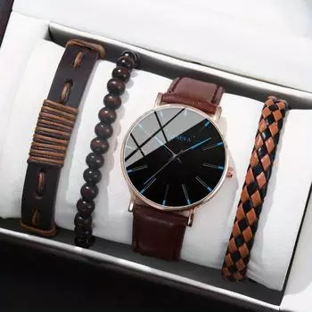 Набор из 4 предметов, роскошные мужские часы, модные мужские часы с кожаным ремешком, деловые мужские часы, подарки на День отца