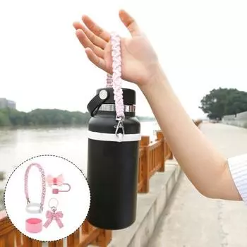 Набор из 4 принадлежностей для стаканов для воды, пищевой силикон, чехол, ручка, ремешок, бант, соломинка розовый