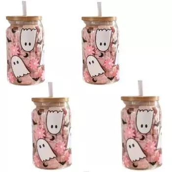 Набор из 4 стеклянных банок на Хэллоуин объемом 550 мл/18,7 унций с бамбуковой крышкой и трубочкой — идеально подходит для холодных напитков, подходит для сока, молока и т. д. 501-600ml