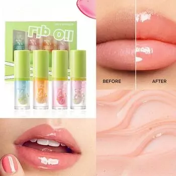 Набор из 4 увлажняющих масел для губ - увлажняющий блеск для губ с экстрактом дыни, не вызывающий раздражения, большая кисточка для равномерного нанесения