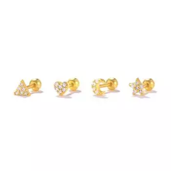 Набор из 4 золотых сережек-гвоздиков из стерлингового серебра 925 пробы с пентаграммой, полумесяцем, сердцем, треугольным цирконием, спиралью, перфорацией и проколом