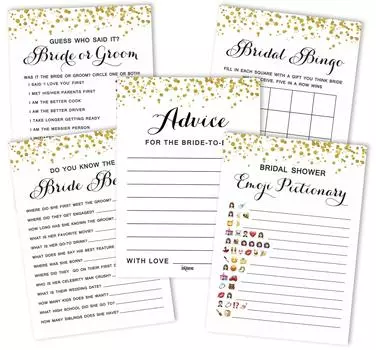 Набор из 5 игр для свадебного душа Inkdotpot Gold Confetti (Мероприятия для 50 гостей) Веселый набор игр для девичника 5 x 7 Inches белый