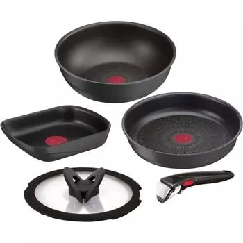 Набор из 5 кастрюль и сковородок Tefal со съемными ручками, совместимый с газовыми плитами IH, легкий и простой в использовании, несмотря на то, что изготовлен из литого металла.