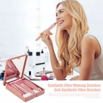 Набор из 5 кистей для макияжа с зеркалом, портативная профессиональная кисть для тональной основы, рассыпчатой пудры, румян, теней для век, корректора, губ, бровей