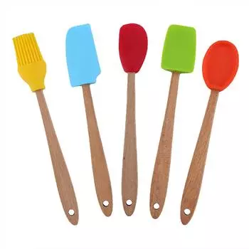 Набор из 5 маленьких силиконовых лопаток Мини-лопатка Деревянная ручка Термостойкая ложка Ложка для соскабливания Кухонная утварь для выпечки