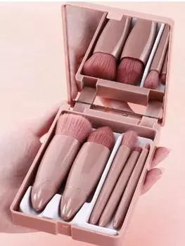 Набор из 5 мини-кистей для макияжа для путешествий с жестким футляром и встроенным зеркалом. Небольшие косметические кисти. Набор принадлежностей для путешествий для макияжа. розовый