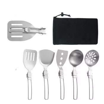 Набор из 5 предметов для пикника на открытом воздухе: портативная складная лопатка для овощей из нержавеющей стали 304, лопатка для кастрюли, ложка для супа, многофункциональная кухонная утварь