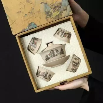 Набор из 5 предметов из грубой керамики, чайный сервиз в стиле кунг-фу, крышка на три чашки, чашка для чая, дорожный чайный сервиз, подарочная коробка для мероприятий, подарочная коробка