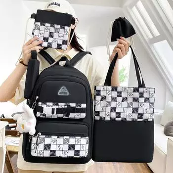 Набор из 5 предметов, новый модный холщовый рюкзак унисекс, маленькие свежие школьные сумки в клетку для младших школьников, сумка-рюкзак