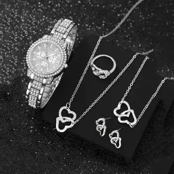 Набор из 5 предметов женских аксессуаров для часов, украшения Roman Love с бриллиантами, женские кварцевые часы в подарочной коробке.