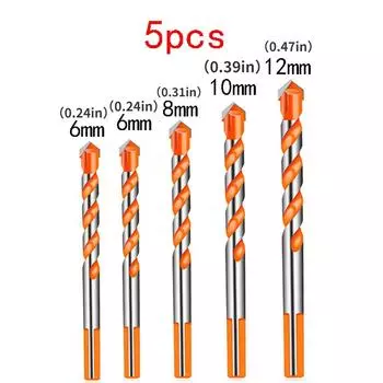 Набор из 5 шт., набор сверл 6/6/8/10/12 мм, набор многофункциональных сверл для плитки, бетона, кирпича, стекла, пластика и дерева, набор инструментов с наконечником из карбида вольфрама 5pcs