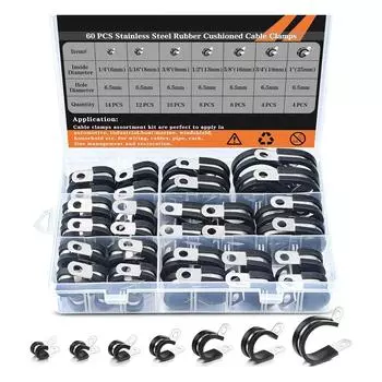 Набор из 60 кабельных зажимов для прокладки труб и проводов, прорезиненные зажимы из нержавеющей стали с винтами