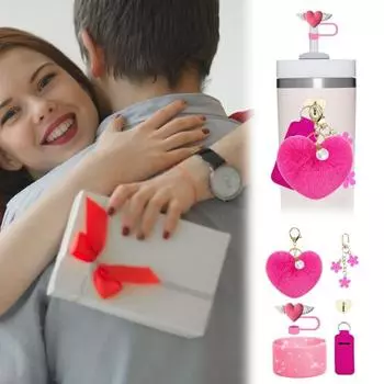 Набор из 6 аксессуаров для чашек ко Дню святого Валентина с подвеской в виде сердца и шарика для волос, бантом и помадой темно-розовый