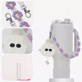 Набор из 6 аксессуаров для термокружки с цветочной тематикой: ремешок для ручки бутылки/силиконовые насадки для кружки/пробка-непроливайка/набор подвесок в виде комков шерсти