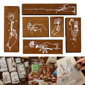 Набор из 6 деревянных штампов в винтажном стиле, штампы для журнала, DIY, скрапбукинга, альбома, дневника, открытки B
