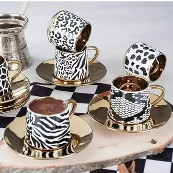 Набор из 6 фарфоровых кофейных чашек с блюдцем из джунглевого золота