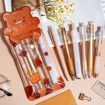 Набор из 6 кремовых гелевых ручек и хайлайтера, прозрачный корпус с черными чернилами, многоцветный маркер для письма