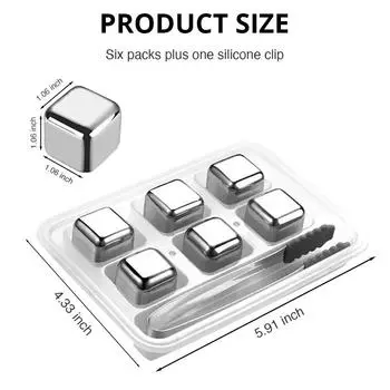 Набор из 6 кубиков льда для виски с силиконовыми щипцами и формочками для льда. Многоразовые кубики льда из нержавеющей стали. серебряный