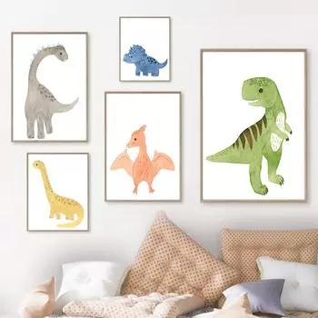 Набор из 6 мультяшных милых динозавров для мальчиков и девочек, детская настенная живопись на холсте, постеры на скандинавскую тему и принты, фотографии, декор для детской комнаты 21x30cm No Framed