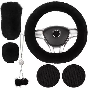Набор из 6 плюшевых автомобильных аксессуаров, плюшевый чехол на руль, мягкий пушистый чехол на рычаг переключения передач розовый