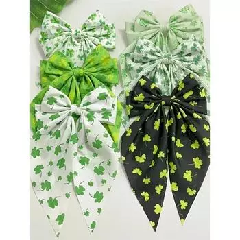 Набор из 6 предметов новый зеленый принт четырехлистного клевера бант стример Зажим-автомат Элегантная заколка для волос Весенние аксессуары для волос Size fits all