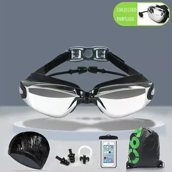 Набор из 6 предметов, очки для плавания для взрослых и детей высокой четкости с затычками для ушей, противотуманные мужские и женские очки для дайвинга при близорукости чёрный