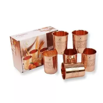 Набор из 6 стаканов для чистой медной воды ручной работы | С красивым рельефным дизайном гравировки | Посуда для питья с аюрведическими преимуществами для здоровья