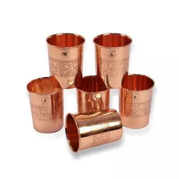 Набор из 6 стаканов для чистой медной воды ручной работы | С красивым рельефным дизайном гравировки | Посуда для питья с аюрведическими преимуществами для здоровья