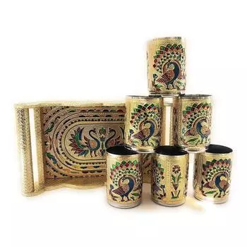 Набор из 6 стаканов из нержавеющей стали, ручной работы, с индийской эмалью минакари, дизайн «Павлин», золотистого цвета (Набор подносов ручной работы), 250 мл
