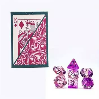 Набор из 7 кубиков и колоды игральных карт, прозрачные фиолетовые многогранные кости с точкой воспламенения, розово-красный пластиковый водонепроницаемый игровой покер розы красного