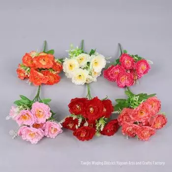 Набор из 7 маленьких искусственных цветов пиона для украшения дома и улицы красный/закат