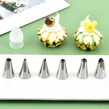 Набор из 7 насадок для кондитерских труб из нержавеющей стали, 6 насадок + 1 конвертер, инструмент для украшения тортов с кремом, печенья, макарон и выпечки A-1