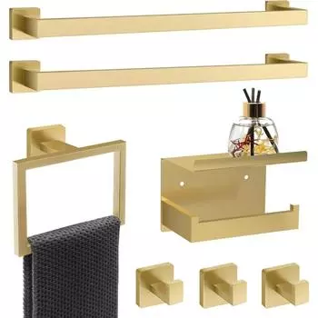 Набор из 7 предметов для ванной комнаты, аксессуары для ванной комнаты цвета матового золота - квадратный, 2 держателя для полотенец, нержавеющая сталь, 23 дюйма