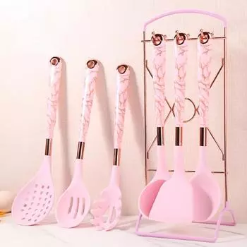 Набор из 7 предметов силиконовой кухонной утвари, набор бытовых кухонных инструментов, лопатка для кастрюли, суповая ложка, набор для приготовления спагетти с подставкой для хранения 7-piece set of pink