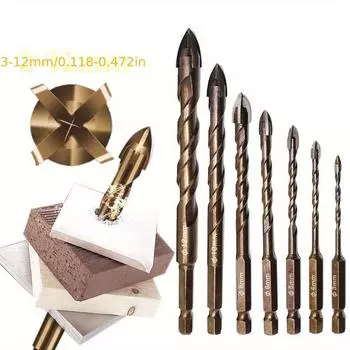 Набор из 7 сверл по плитке с крестообразным шестигранником 3 мм-12 мм для открывания отверстий в стекле, керамике, бетоне, кирпиче, набор инструментов из твердого сплава с треугольным наконечником жёлтый