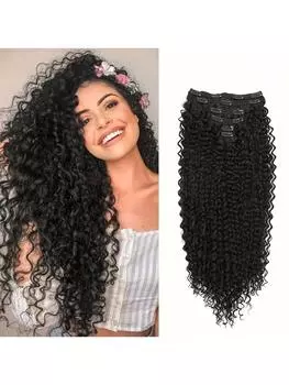 Набор из 7 женских вьющихся волос для наращивания, черные вьющиеся волосы длиной 20 дюймов, термостойкий синтетический парик на заколках